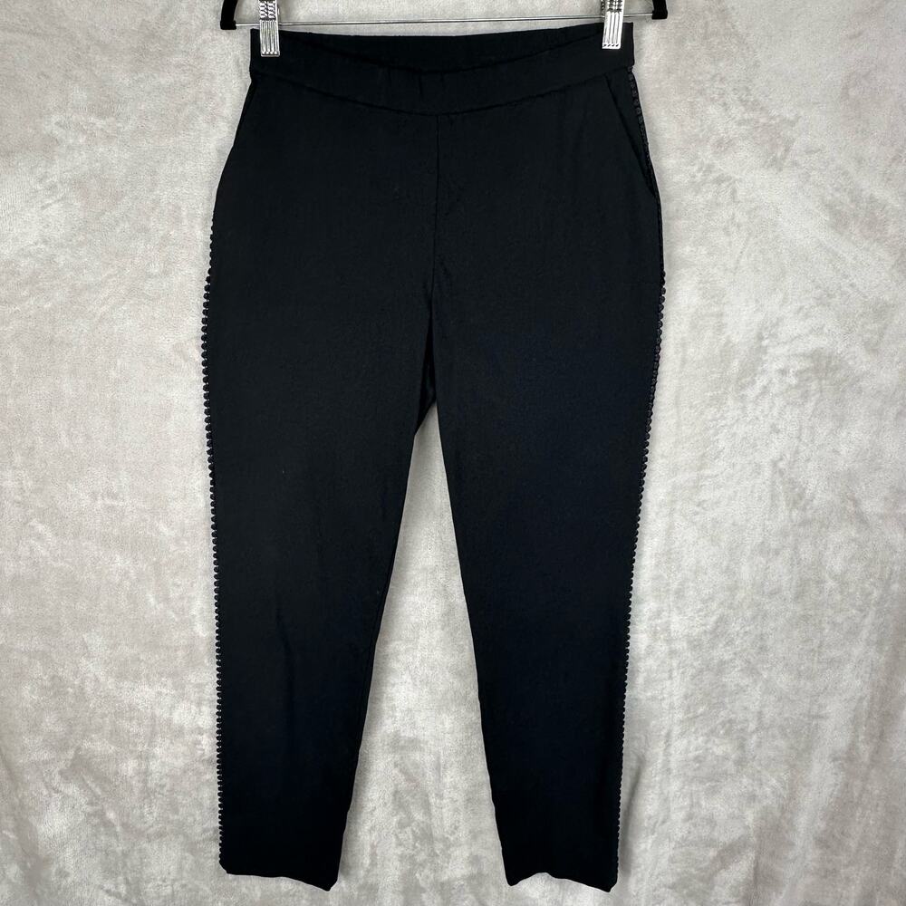 Susan Graver Pants Womens 6 Black Pull On Straight Leg Stretch, Embroidered Side